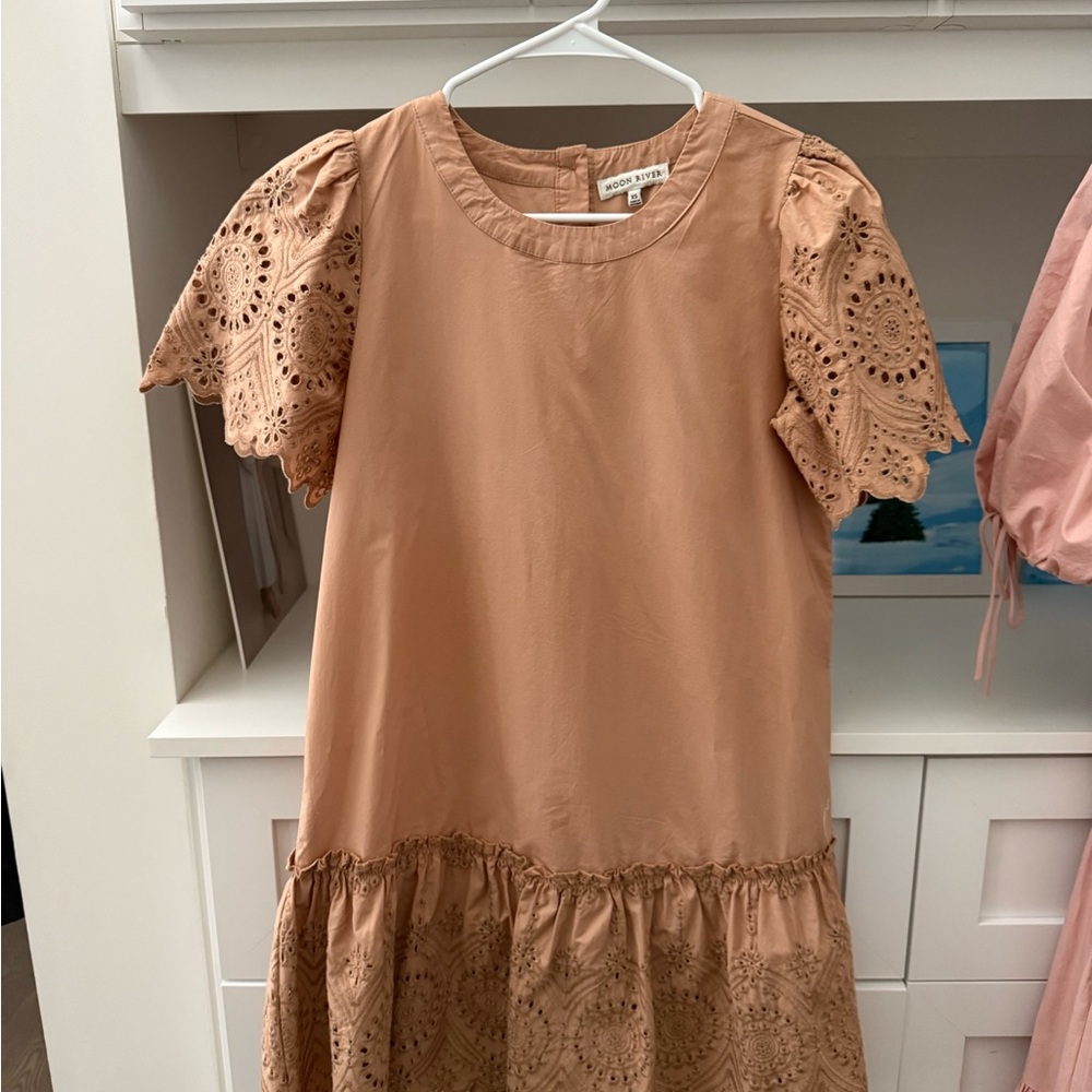 Moon River Tan Dress with Eyelet Sleeves